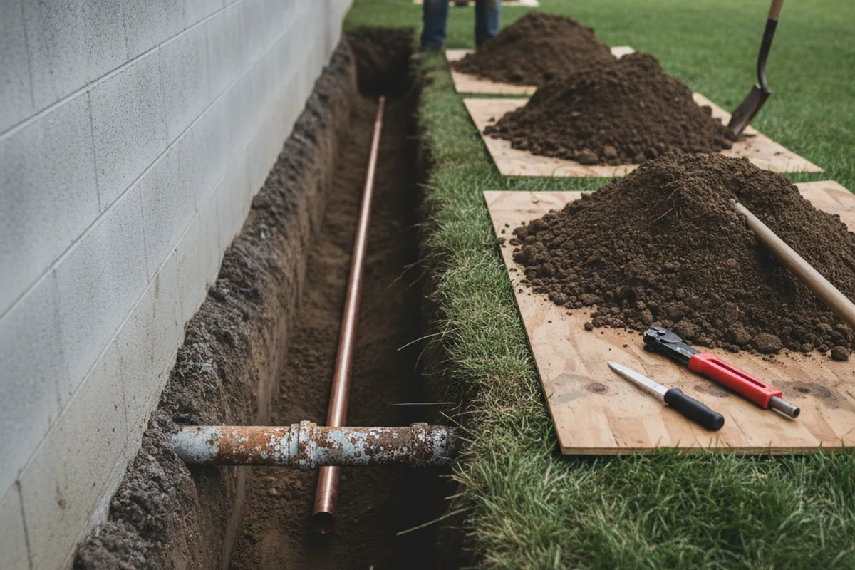 Excavated water line trench during Water Softener Installation in Rancho Cordova